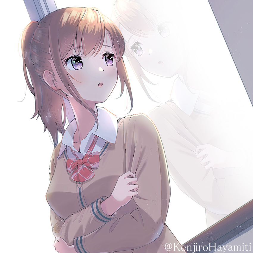 1girl, bangs, bow, breasts, brown_cardigan, cardigan, collared_shirt, dress_shirt
