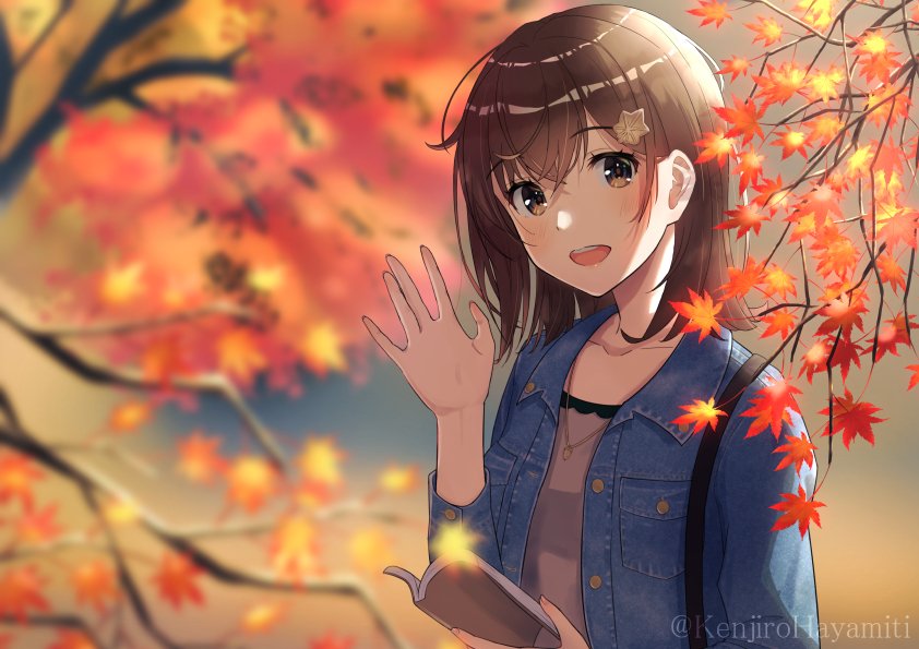 1girl, :d, autumn_leaves, bangs, blue_jacket, blurry, blurry_background, book