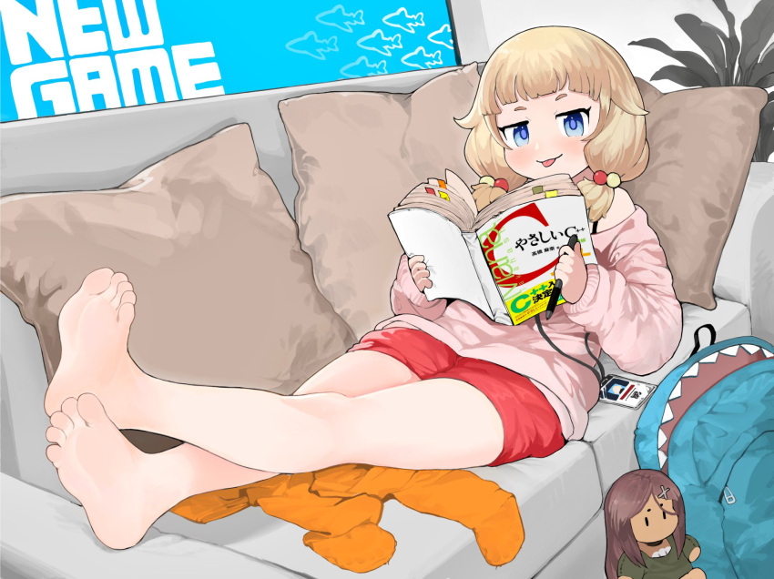 1girl, ahagon_umiko, animal_bag, backpack, bag, bangs, barefoot, blonde_hair