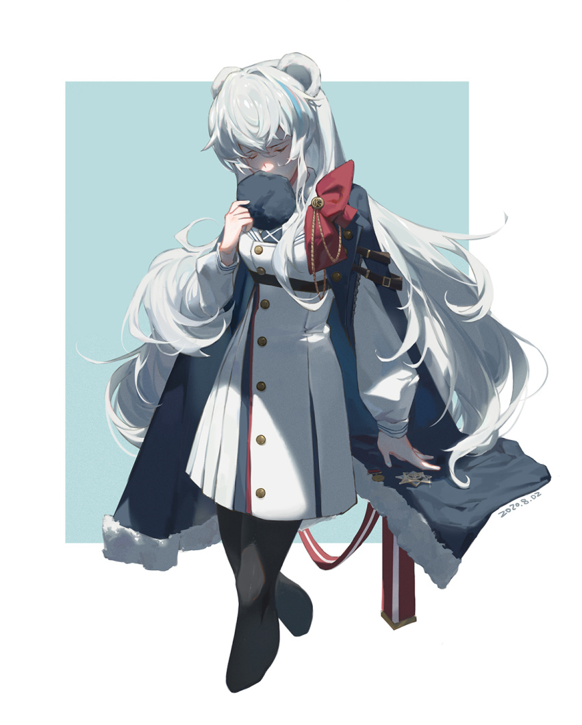 1girl, animal_ears, arknights, badge, bangs, black_panties, blue_coat, breasts