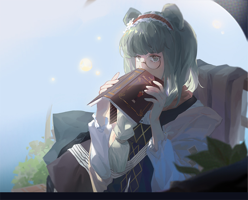 1girl, arknights, blurry, blurry_foreground, book, braid, braided_ponytail, bush