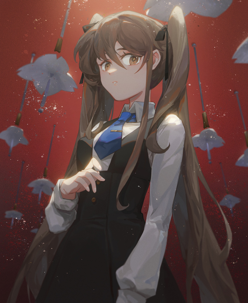 1girl, arm_at_side, bangs, black_dress, blue_necktie, breasts, brown_eyes, brown_hair, collared_shirt, dress, hand_up, highres, long_hair, long_sleeves, looking_at_viewer, mie_lu, necktie, original, parted_lips, shirt, sidelocks, small_breasts, solo, twintails, upper_body, white_shirt