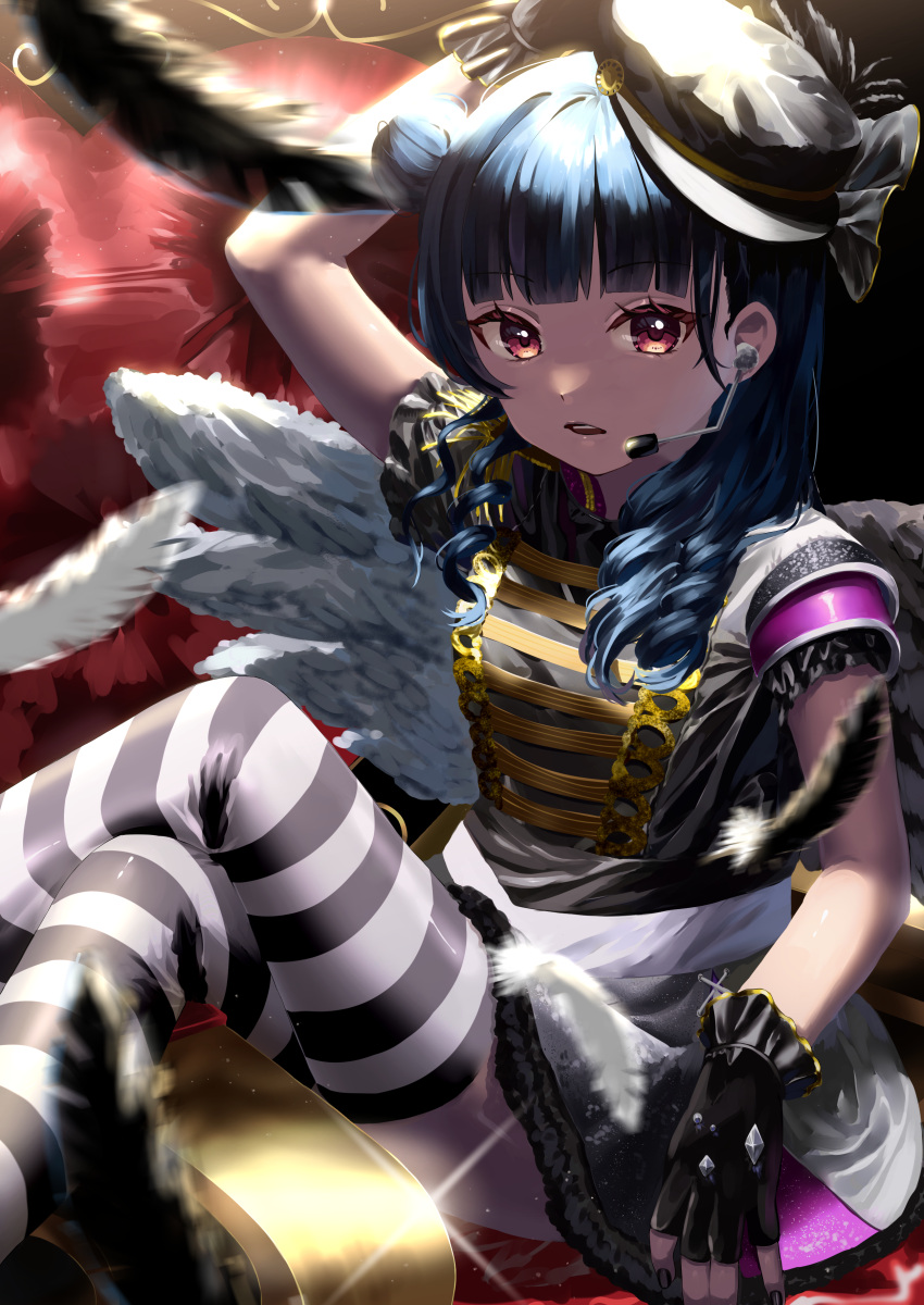 1girl, absurdres, arm_rest, arm_up, bangs, black_feathers, black_gloves, black_headwear