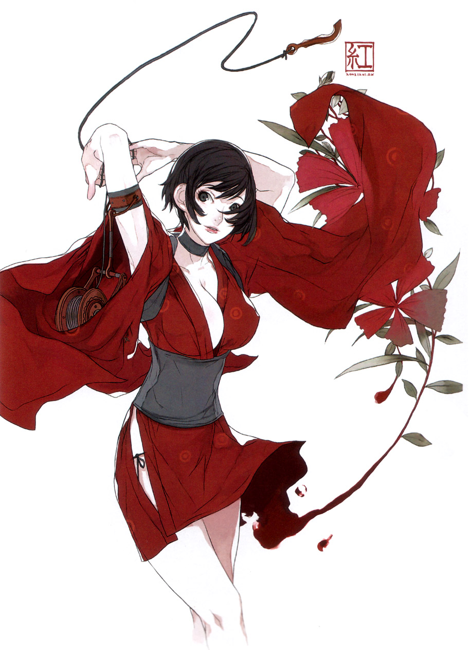 choker, cleavage, highres, japanese_clothes, kimono, kurenai_(red_ninja), red_ninja, short_hair