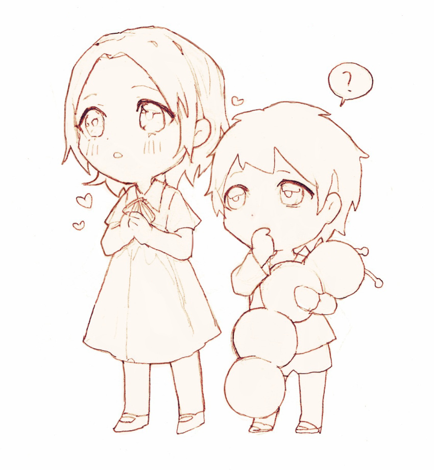1boy, 1girl, ?, chibi, child, chinese_commentary, collared_dress, commentary_request, dress, enomoto_noa, female_child, full_body, heart, highres, holding, holding_stuffed_toy, isoi_haruki, long_sleeves, male_child, mary_janes, monochrome, neck_ribbon, open_mouth, own_hands_together, puffy_short_sleeves, puffy_sleeves, ribbon, saibou_shinkyoku, shoes, short_hair, short_sleeves, simple_background, speech_bubble, spoken_question_mark, stuffed_animal, stuffed_toy, white_background, yikousuuu