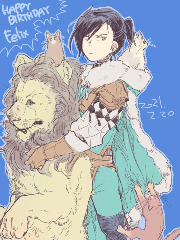 1boy, bangs, black_hair, brown_eyes, cat, closed_mouth, felix_hugo_fraldarius, fire_emblem, fire_emblem:_three_houses, gloves, hug, leather, leather_gloves, lion, teacher_sbm, upper_body