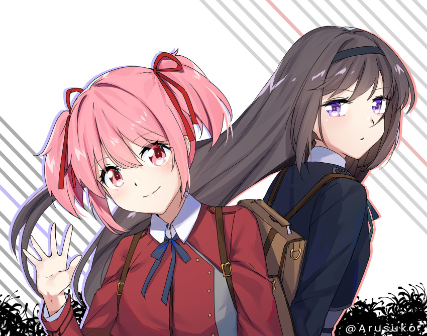 2girls, akemi_homura, arusuko, bag, black_hair, black_hairband, color_connection, commentary, cosplay, hair_color_connection, hair_ribbon, hairband, highres, inoue_takina, inoue_takina_(cosplay), kaname_madoka, long_hair, looking_at_viewer, lycoris_recoil, mahou_shoujo_madoka_magica, multiple_girls, nishikigi_chisato, nishikigi_chisato_(cosplay), pink_eyes, pink_hair, red_ribbon, ribbon, school_bag, school_uniform, short_hair, short_twintails, smile, trait_connection, twintails, twitter_username, upper_body, violet_eyes