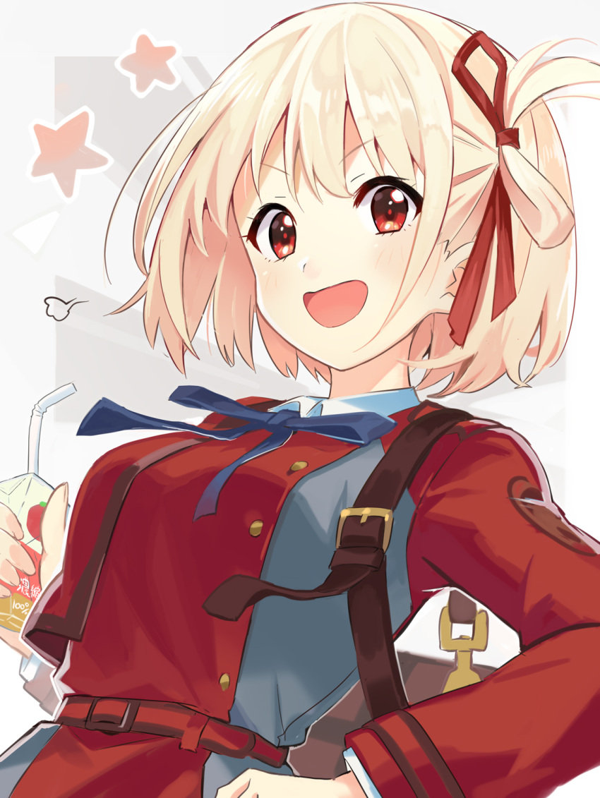 1girl, :d, bag, blonde_hair, blue_ribbon, check_commentary, commentary_request, from_below