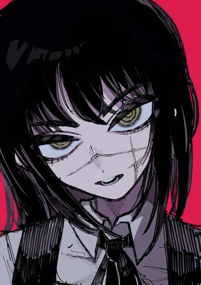 1girl, bangs, black_hair, chainsaw_man, chappii_(paon_gunsou), collar, collared_shirt, cross_scar