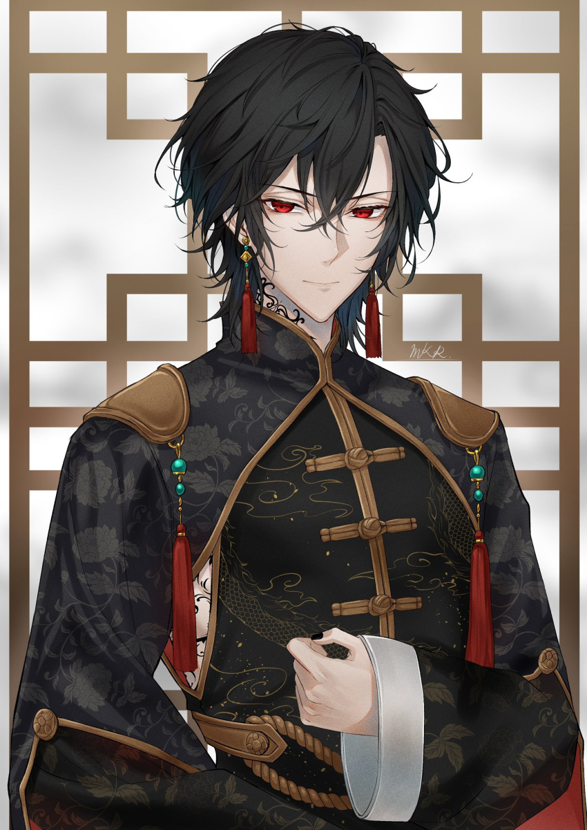 1boy, architecture, bishounen, black_hair, black_nails, chinese_clothes, earrings, east_asian_architecture, ensemble_stars!, floral_print, hair_between_eyes, highres, jewelry, light_smile, long_sleeves, looking_at_viewer, makura_wet, male_focus, red_eyes, sakuma_rei_(ensemble_stars!), smile, solo, standing, tassel, tassel_earrings, tattoo, tattoo_on_neck, upper_body