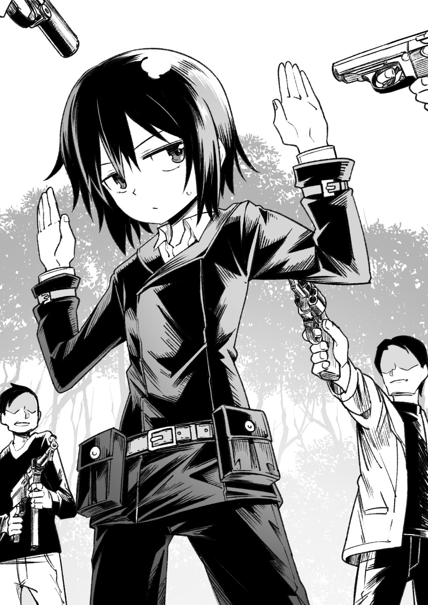 1girl, 4boys, absurdres, at_gunpoint, faceless, faceless_male, greyscale, gun