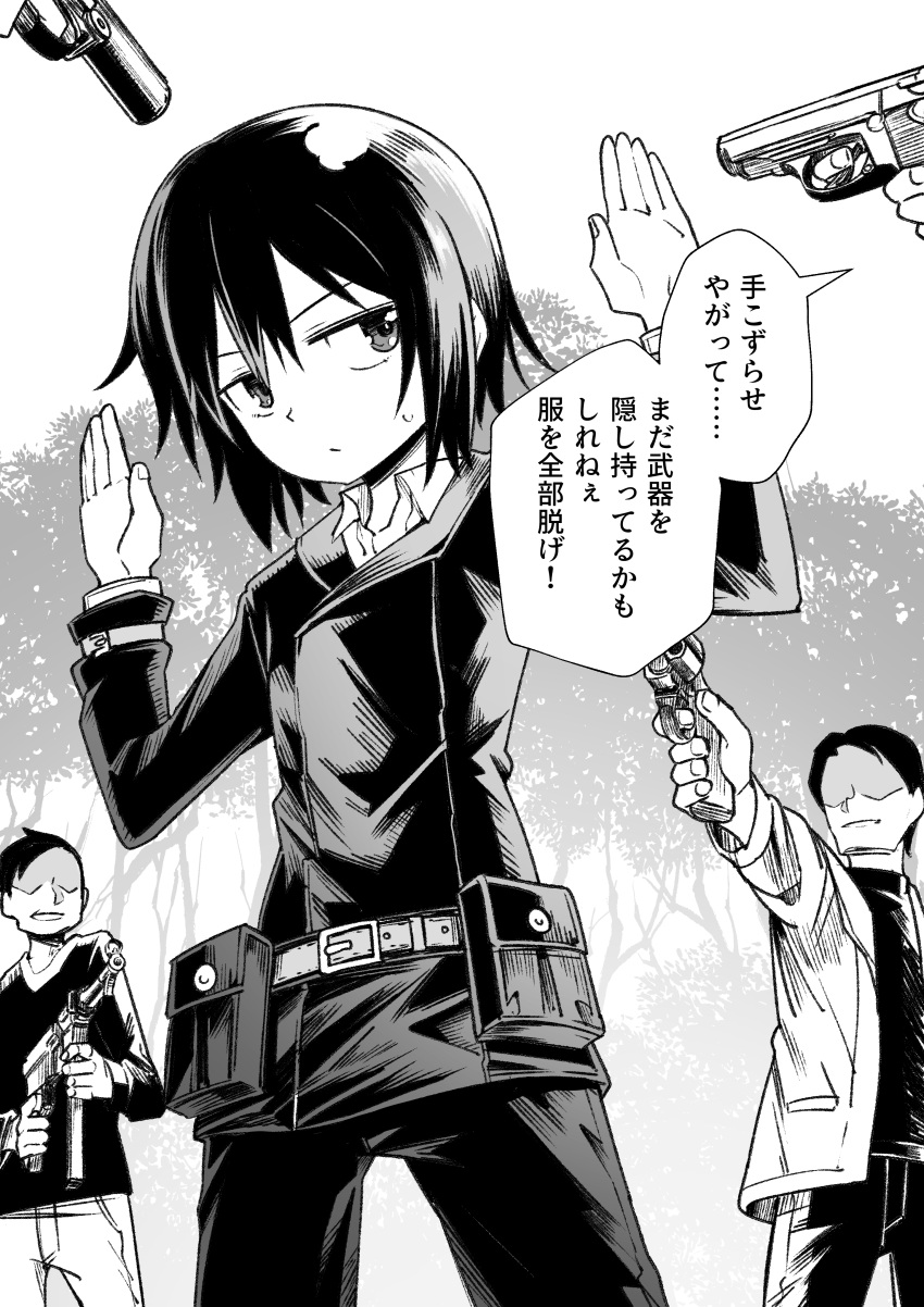 1girl, 4boys, absurdres, at_gunpoint, faceless, faceless_male, greyscale, gun