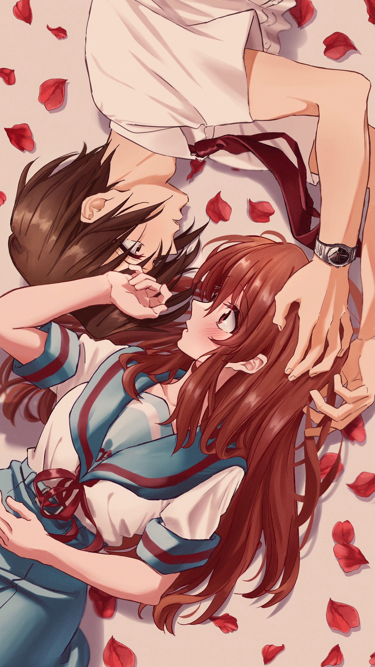 1boy, 1girl, 621_joker_123, asahina_mikuru, blue_sailor_collar, blue_skirt, brown_eyes, brown_hair