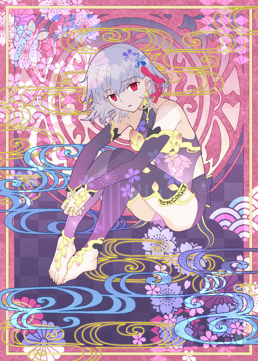 1girl, :o, absurdres, armlet, barefoot, chestnut_mouth, collar, detached_sleeves, dress, earrings, empty_eyes, fate/grand_order, fate_(series), flower, hair_ribbon, highres, jewelry, kama_(fate), kama_(first_ascension)_(fate), looking_at_viewer, lotus, matou_sakura, metal_collar, mosucchi, open_mouth, pelvic_curtain, pink_ribbon, purple_dress, purple_skirt, purple_sleeves, purple_thighhighs, red_eyes, ribbon, ring, short_hair, skirt, solo, thigh-highs, thighlet, white_hair