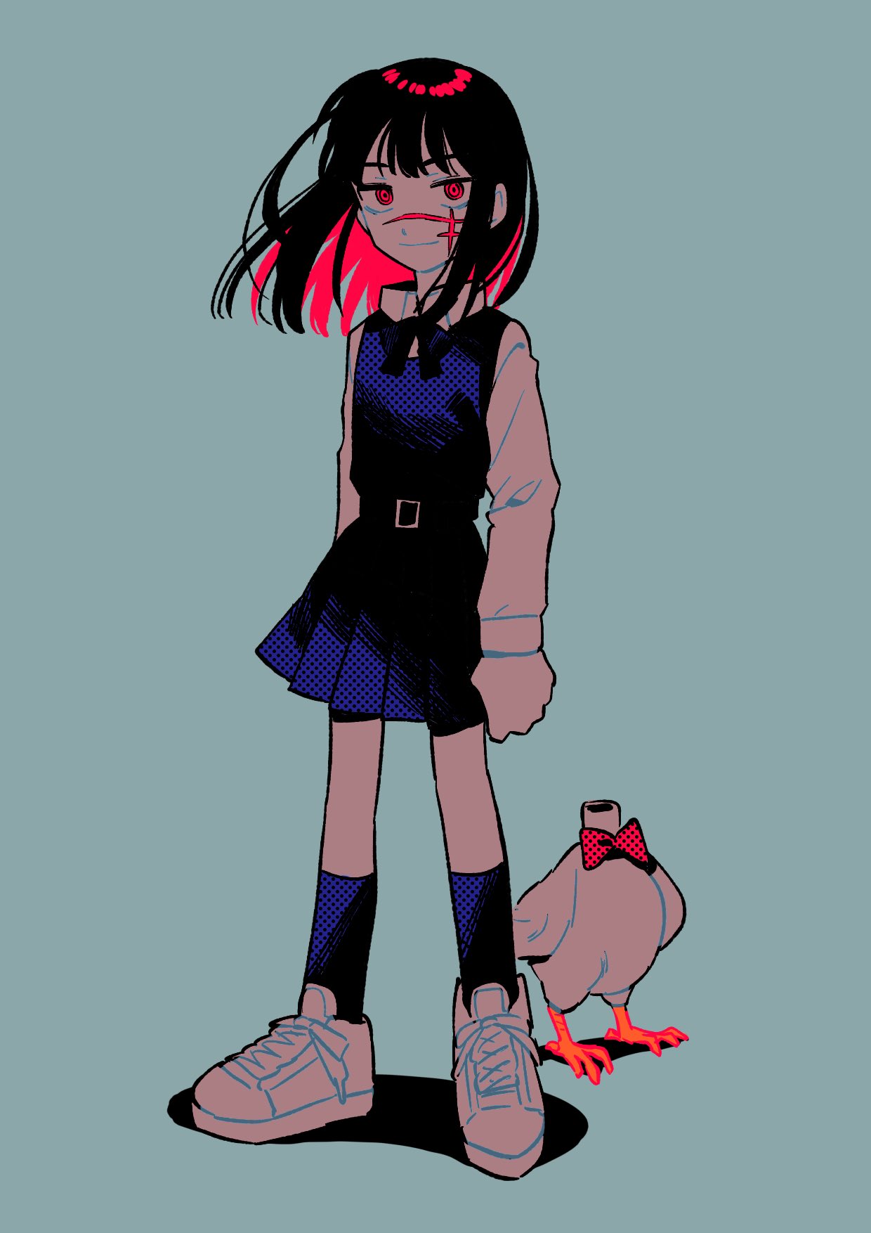 1girl, animal, arms_at_sides, bangs, belt, bird, black_hair, blue_background