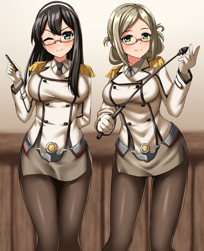 2girls, absurdres, alternate_breast_size, aqua_eyes, bangs, black_hair, black_pantyhose, blue_eyes