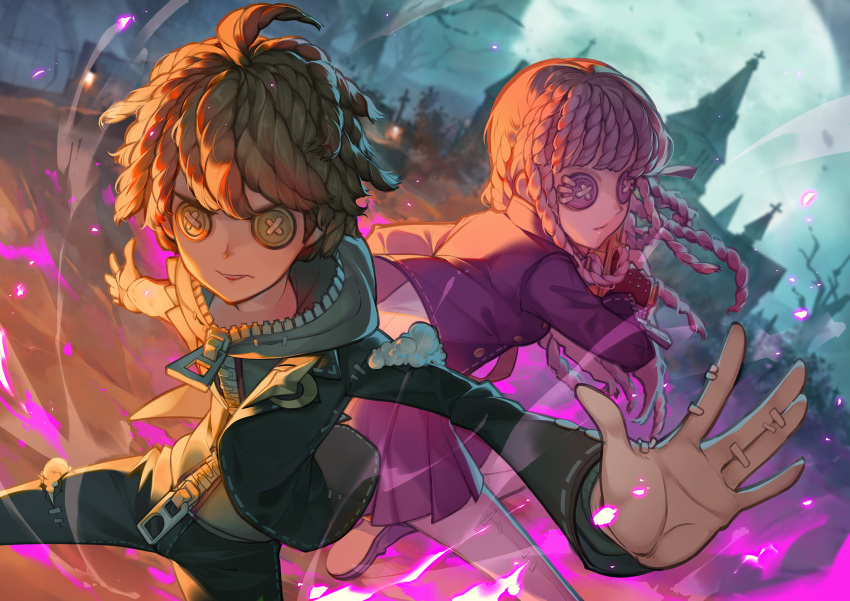 1boy, 1girl, ahoge, bangs, black_jacket, black_pants, brown_hair, building