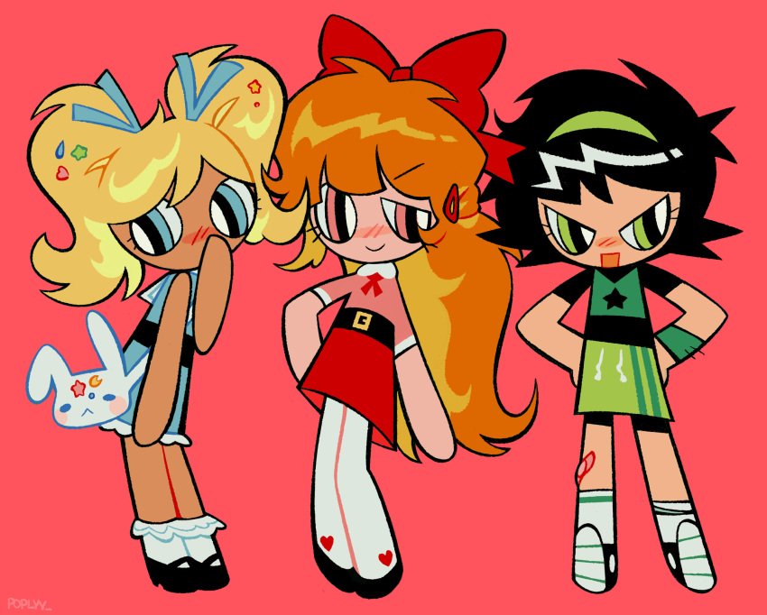 3girls, :d, arm_at_side, bandaid, bandaid_on_leg, bangs, belt, belt_buckle, bike_shorts, black_belt, black_footwear, black_hair, blonde_hair, blossom_(ppg), blue_dress, blue_eyes, blue_ribbon, blush, bobby_socks, bow, bubbles_(ppg), buckle, buttercup_(ppg), closed_mouth, collared_shirt, contrapposto, covering_mouth, d:, dark-skinned_female, dark_skin, dress, english_commentary, frilled_legwear, from_side, full_body, green_eyes, green_hairband, hair_bow, hair_ornament, hair_ribbon, hairband, hairclip, half-closed_eye, half_updo, hand_on_hip, hand_over_own_mouth, hand_up, hands_on_hips, heart, heart_print, highres, large_bow, leaning_forward, legs_apart, legs_together, long_hair, looking_at_viewer, looking_to_the_side, mary_janes, miniskirt, multiple_girls, neck_ribbon, no_nose, open_mouth, orange_hair, pantyhose, pink_eyes, pink_shirt, poppy_(p0ply), powerpuff_girls, red_background, red_bow, red_ribbon, red_skirt, ribbon, shirt, shirt_tucked_in, shoes, short_dress, short_sleeves, siblings, side-by-side, signature, simple_background, sisters, skirt, sleeveless, sleeveless_dress, smile, socks, standing, star_(symbol), star_print, straight-on, swept_bangs, toon_(style), tsurime, twintails, very_long_hair, white_footwear, white_pantyhose, white_socks, wing_collar, wristband