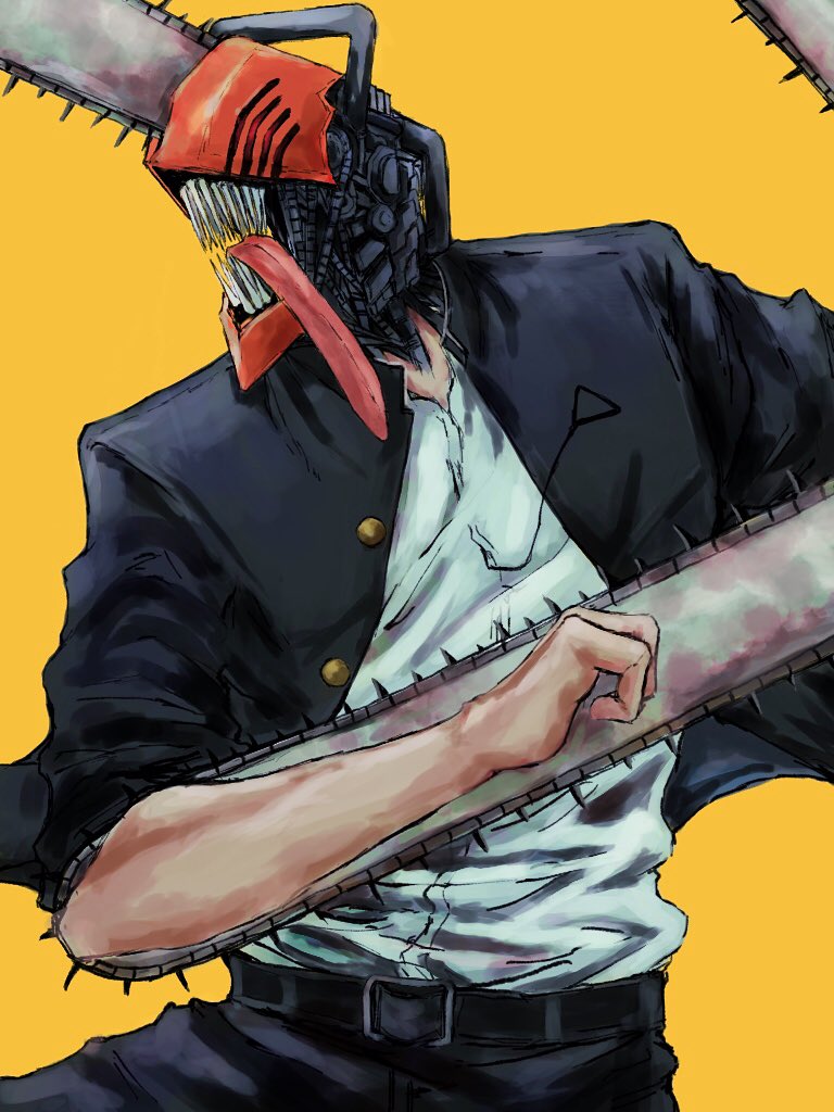black_necktie, black_pants, chainsaw, chainsaw_man, collared_shirt, denji_(chainsaw_man), mon_star200cc, monster_boy, necktie, pants, sharp_teeth, shirt, shirt_tucked_in, simple_background, sleeves_rolled_up, teeth, tongue, tongue_out, white_shirt, yellow_background