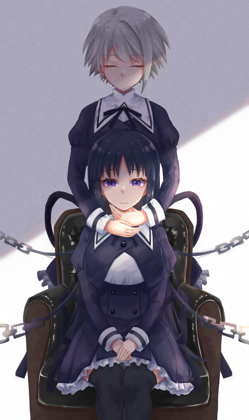 2girls, absurdres, armchair, assault_lily, bangs, behind_another, black_hair, black_ribbon