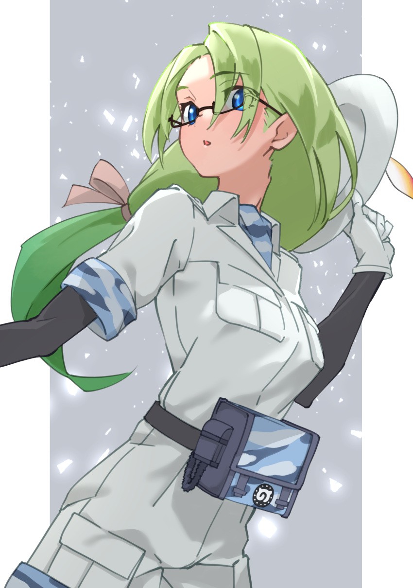 1girl, absurdres, bangs, belt_pouch, blue_eyes, breast_pocket, camouflage_trim, commentary