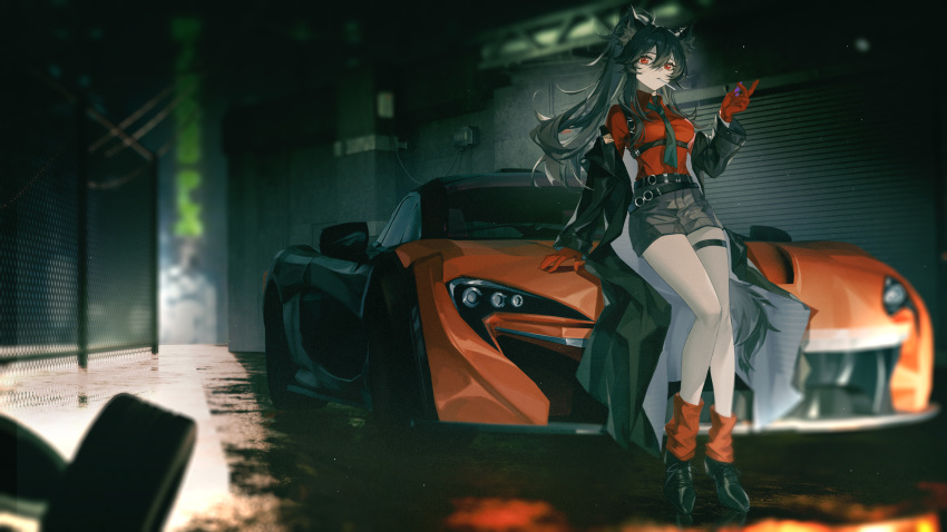 1girl, absurdres, animal_ears, arknights, black_footwear, black_hair, candy, car