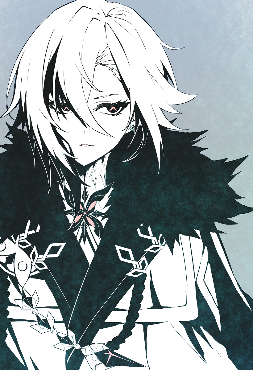 0z_(wing02c), 1girl, androgynous, arlecchino_(genshin_impact), black_eyes, black_hair, blue_background, earrings