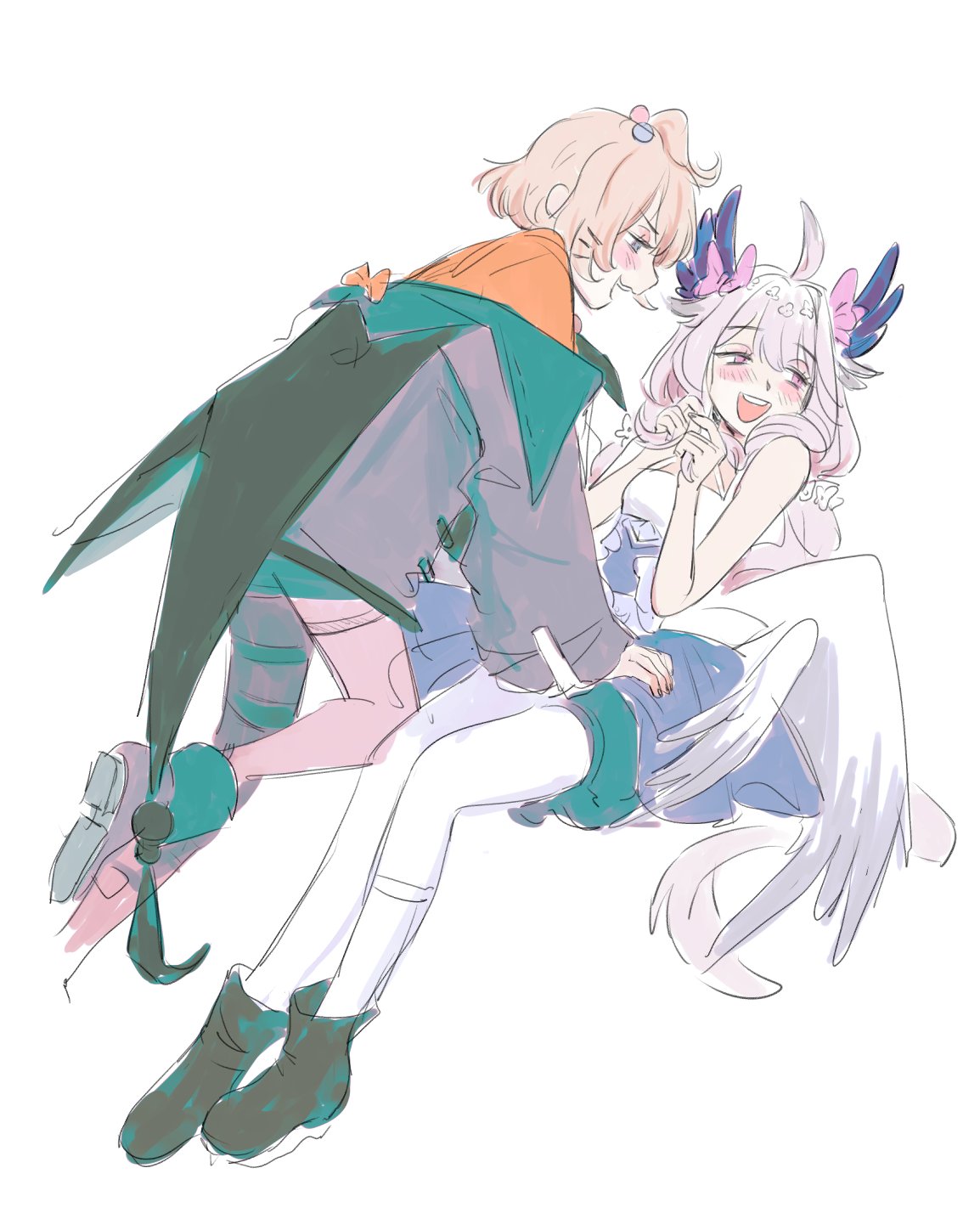 2girls, absurdly_long_hair, ahoge, bangs, bell, bird_girl, black_coat, black_footwear