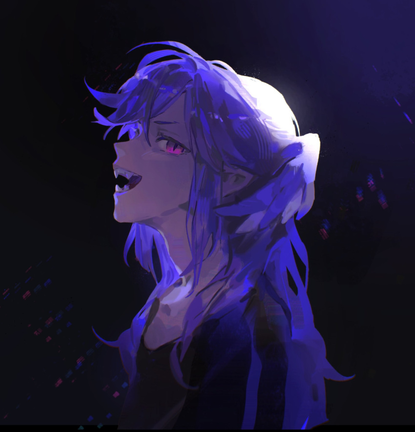 1girl, ahoge, blue_eyes, braid, dark_background, dragon_girl, fangs, from_side