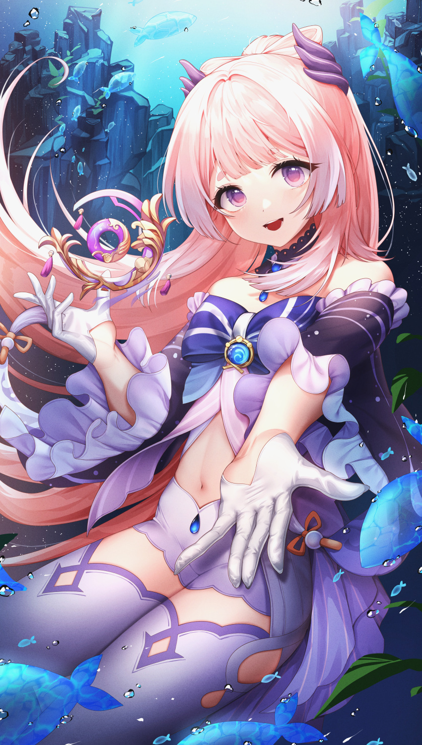 1girl, absurdres, blush, colored_tips, daji, fish, genshin_impact, gloves