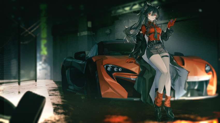 1girl, absurdres, animal_ears, arknights, black_footwear, black_hair, candy, car