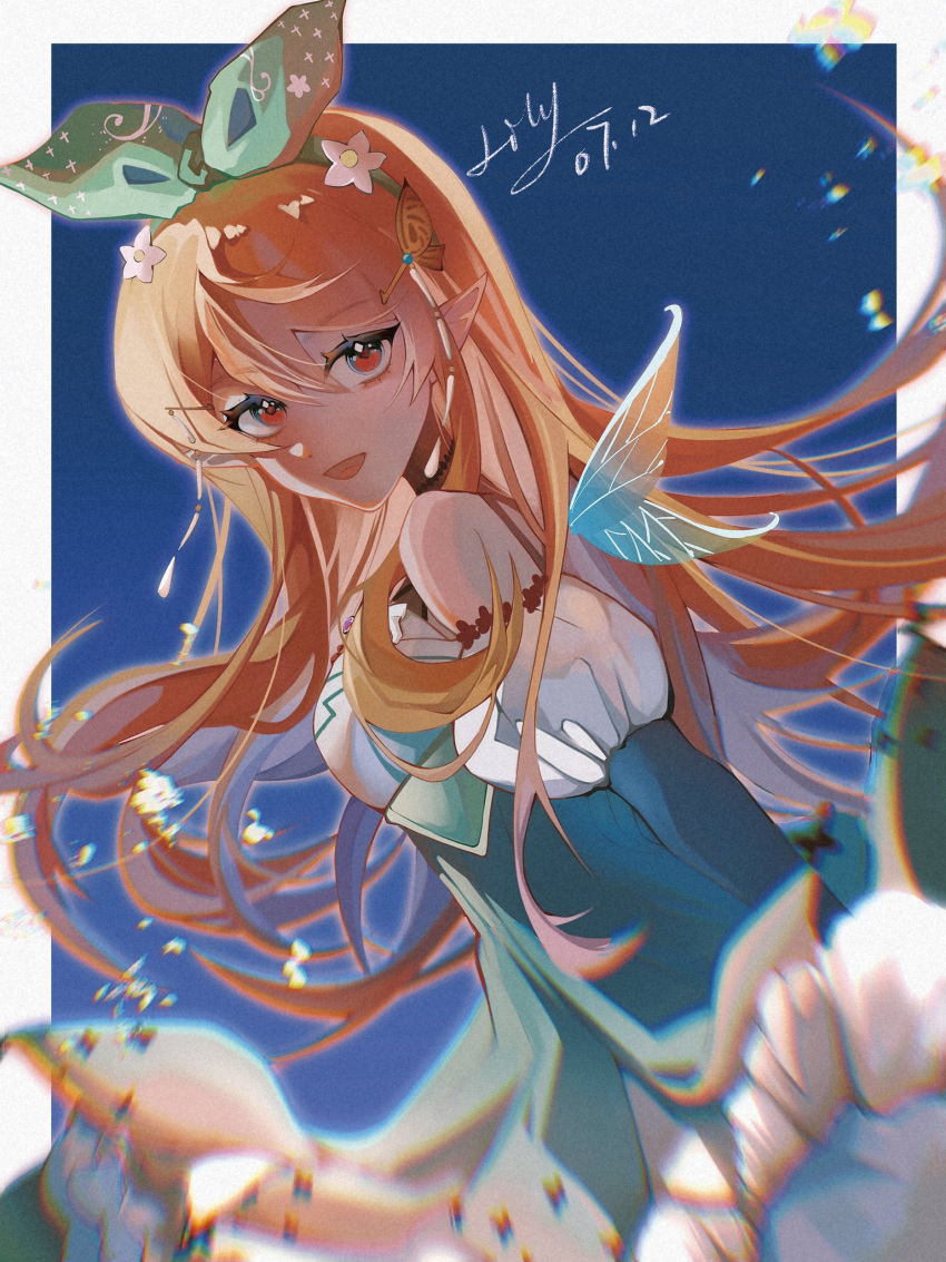 1girl, bangs, black_gloves, black_halter_top, blonde_hair, blue_background, blush, border