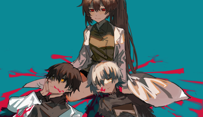 1boy, 2girls, angela_(project_moon), ayin_(project_moon), black_dress, black_feathers, black_hair, black_shirt