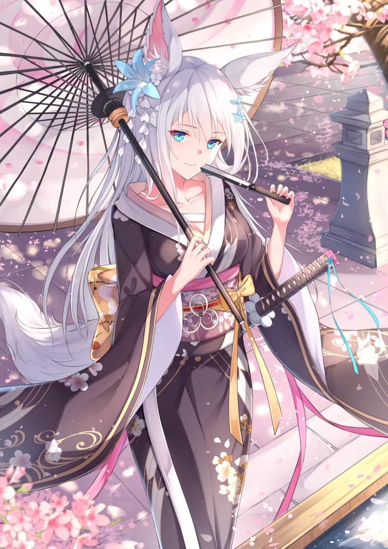 1girl, animal_ear_fluff, animal_ears, aqua_eyes, bangs, bow, censored, cherry_blossoms