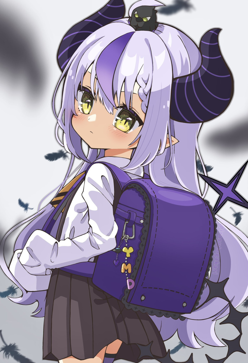 1girl, ahoge, backpack, bag, black_dress, braid, crow_(la+_darknesss), demon_girl