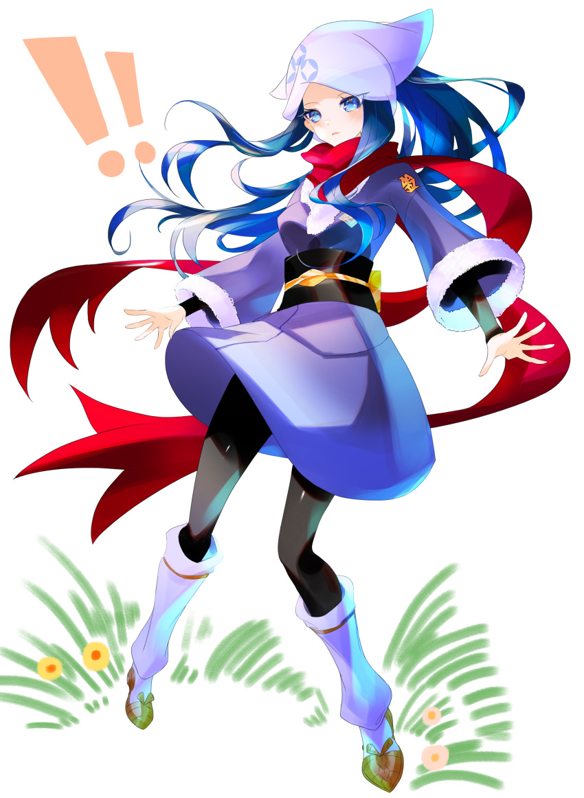 1girl, absurdres, akari_(pokemon), black_sash, blue_eyes, blue_hair, floating_scarf, galaxy_expedition_team_survey_corps_uniform