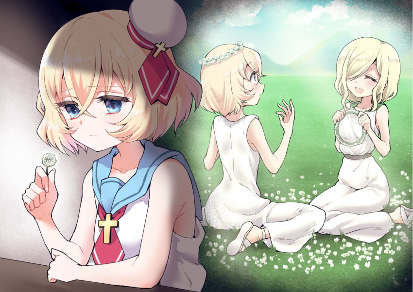 2girls, bare_shoulders, blonde_hair, blue_eyes, blush, breasts, closed_eyes, closed_mouth, clover_(flower), collarbone, eyebrows_hidden_by_hair, flower, hat, head_wreath, implied_yuri, jashin-chan_dropkick, lierre, looking_at_flowers, multiple_girls, open_mouth, persephone_(jashin-chan_dropkick), remembering, sad, satom, shiny, shiny_hair, short_hair, small_breasts, smile