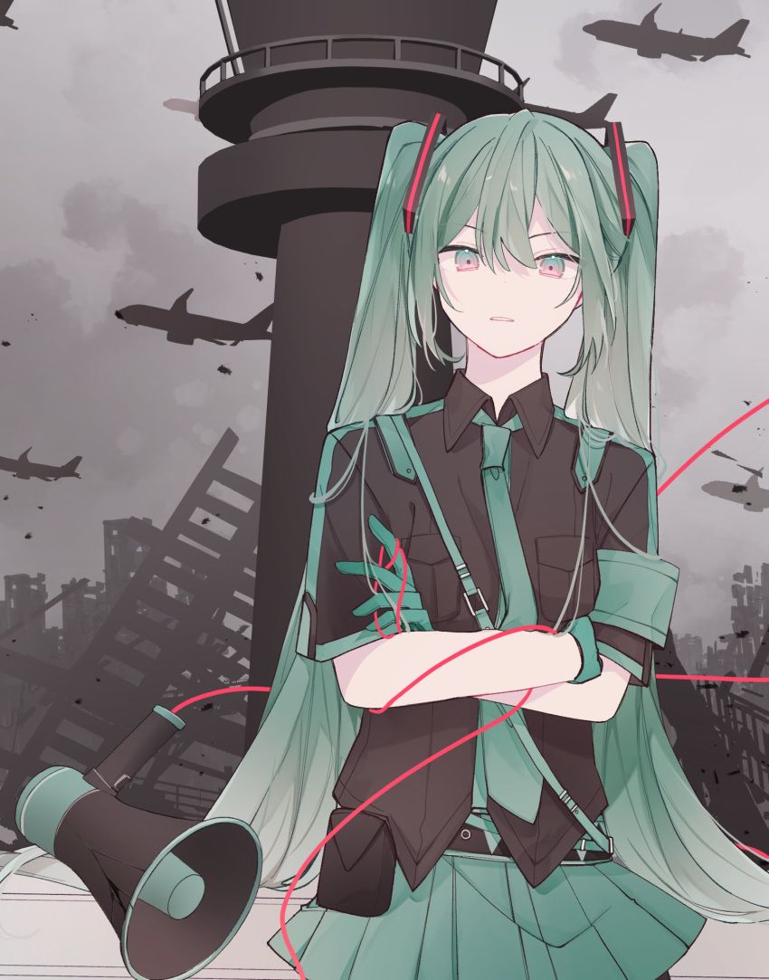 1girl, aircraft, airplane, aqua_eyes, aqua_gloves, aqua_hair, aqua_necktie, aqua_skirt, armband, bag, bangs, belt, black_belt, black_pantyhose, black_shirt, breast_pocket, building, cable, clouds, cloudy_sky, collared_shirt, commentary_request, cowboy_shot, crack, crossed_arms, gloves, grey_background, grey_sky, hair_between_eyes, hatsune_miku, highres, long_hair, looking_at_viewer, megaphone, multicolored_eyes, necktie, outdoors, pantyhose, parted_lips, pink_eyes, pocket, satchel, shirt, short_sleeves, skirt, sky, solo, standing, teeth, trt_egg, twintails, v-shaped_eyebrows, very_long_hair, vocaloid, watchtower, wing_collar