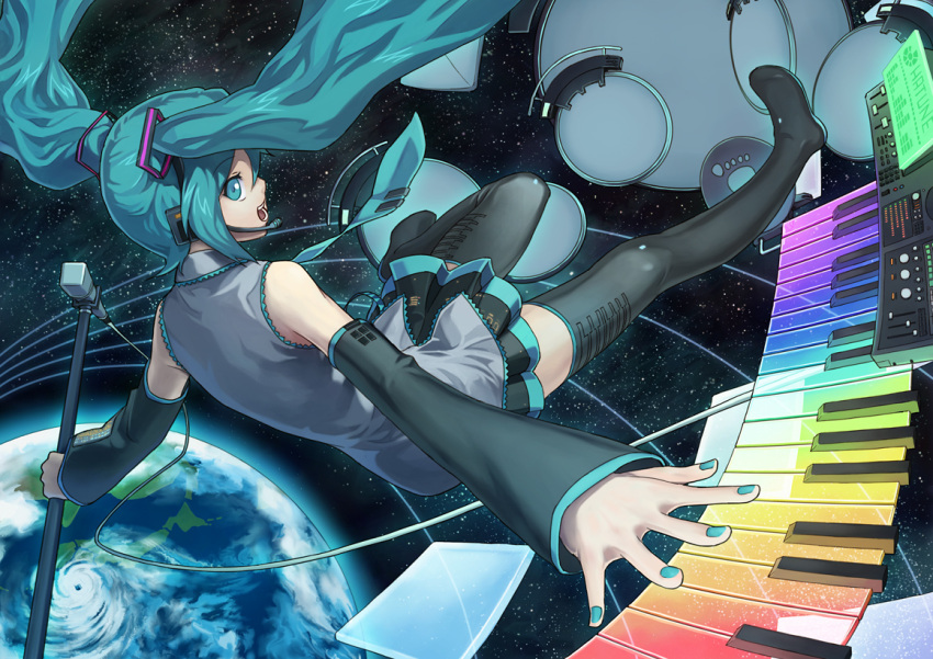 aqua_hair, detached_sleeves, earth, gradient, hatsune_miku, instrument, keyboard_(instrument), long_hair, microphone, microphone_stand, nail_polish, necktie, outstretched_arm, ryuutetsu, skirt, space, synthesizer, thighhighs, twintails, typhoon, vocaloid, zettai_ryouiki
