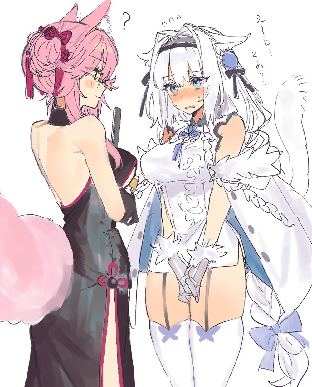 2girls, ?, animal_ears, blue_eyes, blush, china_dress, chinese_clothes, dobrynya_nikitich_(fate)