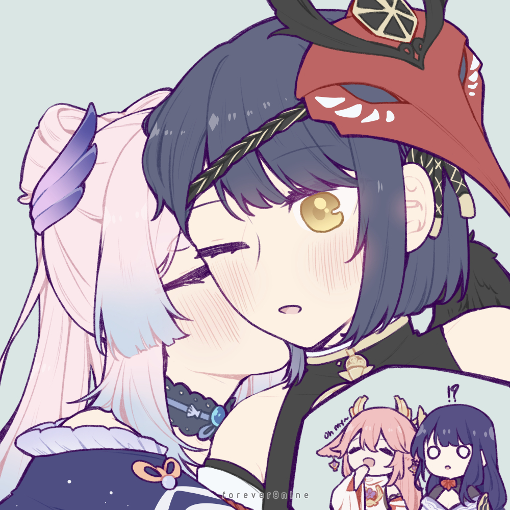 !?, 4girls, bangs, bare_shoulders, bird_mask, black_hair, blue_hair, blue_horns