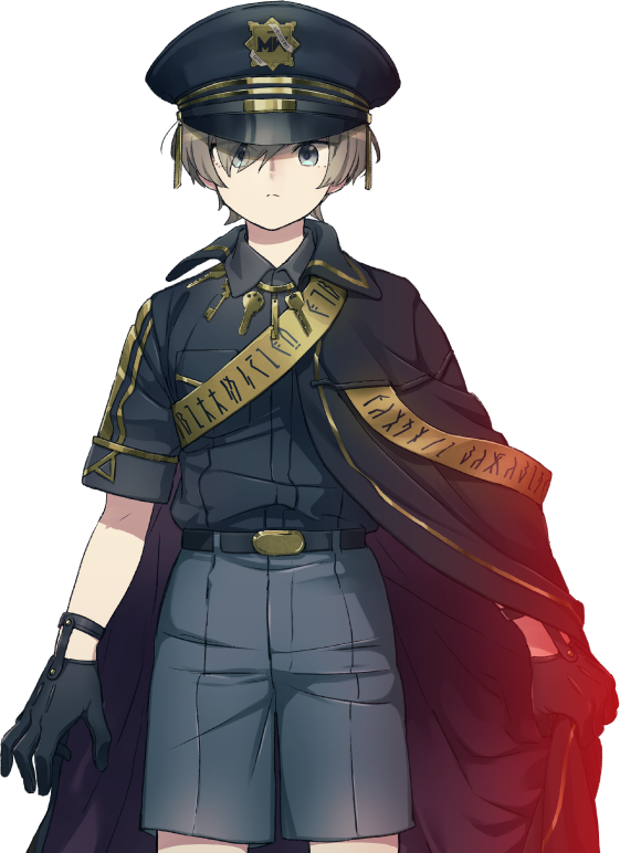 akka, androgynous, belt, black_belt, black_cape, black_gloves, black_headwear, black_shirt