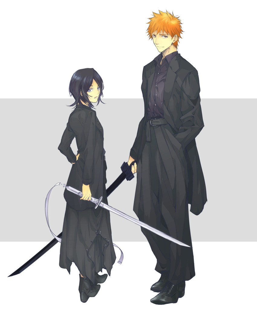 1boy, 1girl, absurdres, bankai, black_coat, black_footwear, black_hair, black_pants