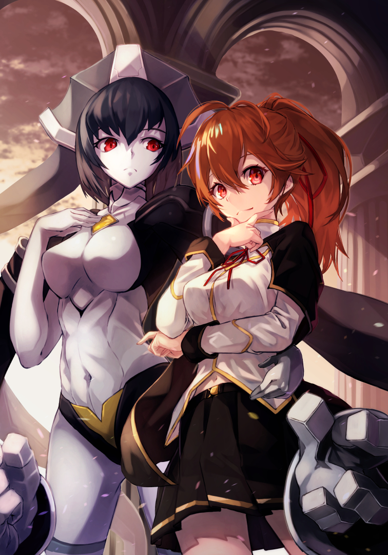 2girls, :<, ahoge, black_cape, black_hair, black_skirt, blazblue, bob_cut