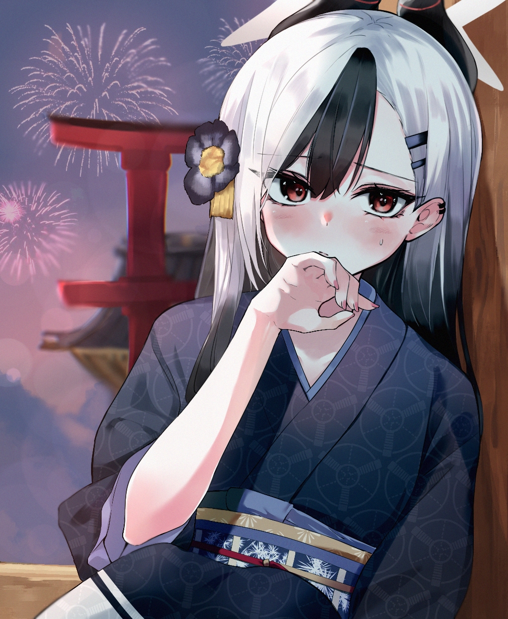 1girl, black_hair, black_kimono, blue_archive, blush, e.nick, ear_piercing, eyes_visible_through_hair