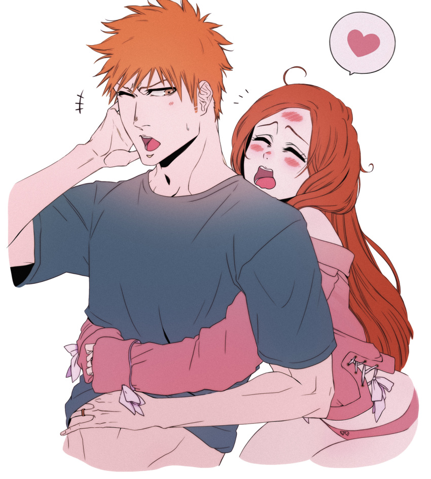 1boy, 1girl, bleach, blush, brown_eyes, closed_eyes, couple, fitstarrysky