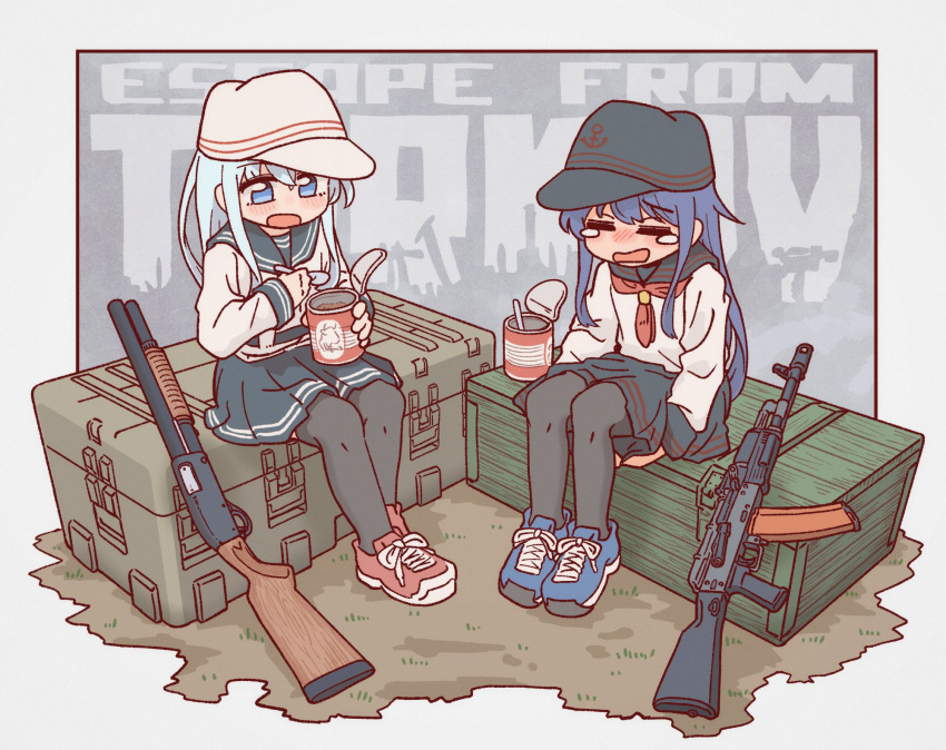 2girls, akatsuki_(kancolle), akatsuki_kai_ni_(kancolle), anchor_symbol, black_headwear, black_pantyhose, black_sailor_collar, black_skirt