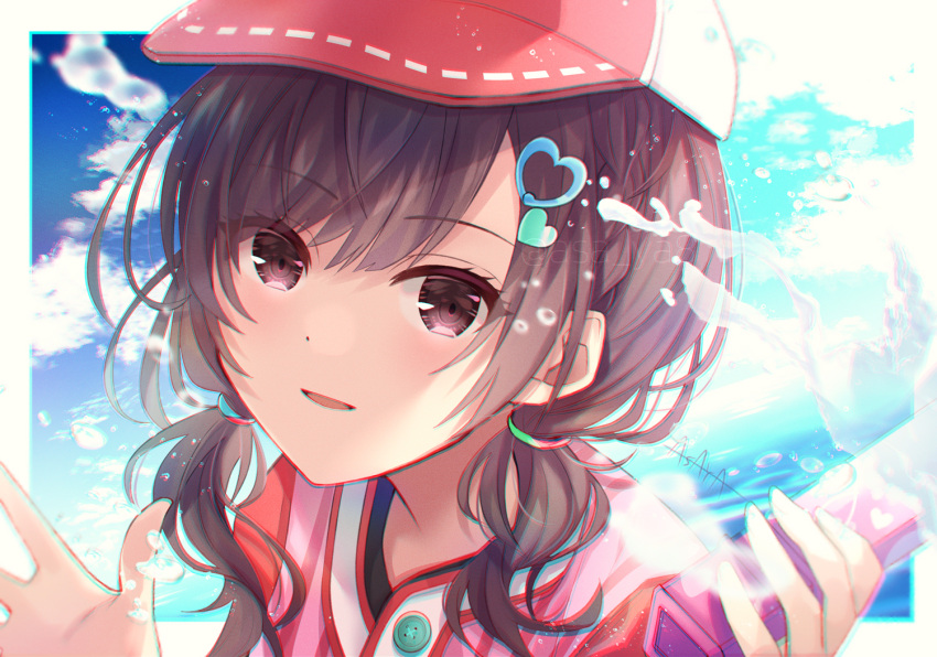 1girl, asaya-bigun, brown_eyes, brown_hair, hair_ornament, hairclip, hat, heart
