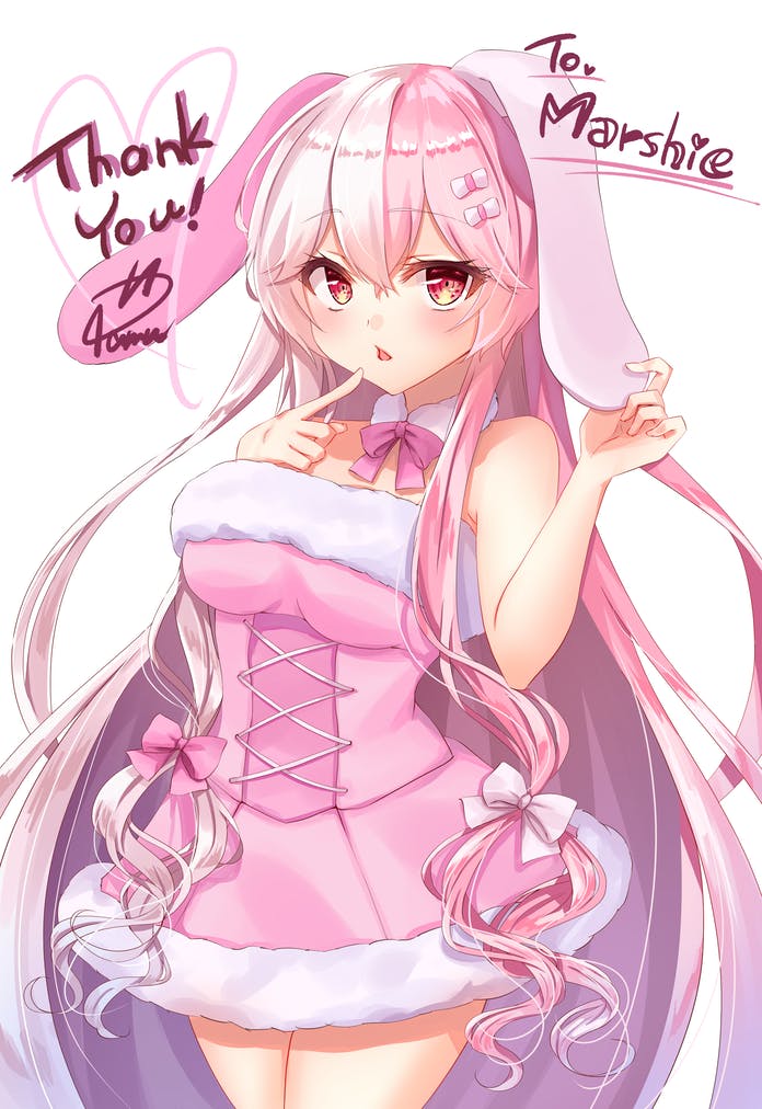 1girl, animal_ears, blush, commission, dress, indie_virtual_youtuber, long_hair, looking_at_viewer, marshie_(vtuber), multicolored_hair, open_mouth, pamu_(pamu53621378), pink_hair, rabbit_ears, rabbit_girl, red_eyes, short_dress, skeb_commission, solo, split-color_hair, virtual_youtuber, white_background, white_hair