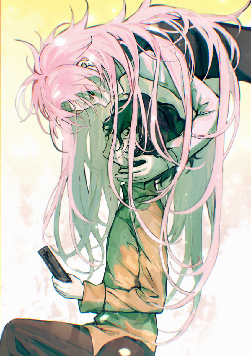 2boys, absurdres, black_vest, blue_hair, book, brown_pants, chinese_commentary, chromatic_aberration